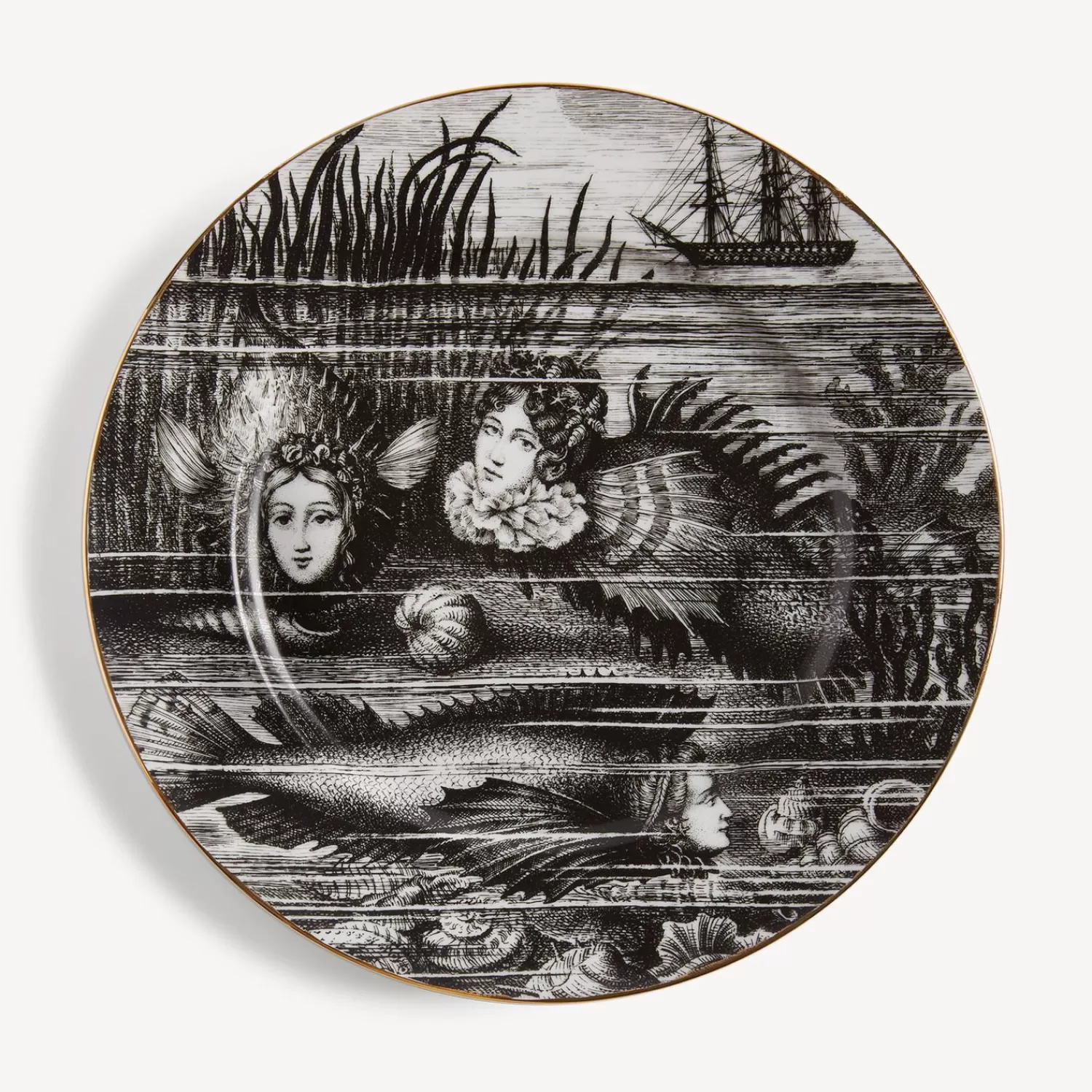 Decorative Plates<Fornasetti Rim Plate Sirene N.1 White/Black/Gold