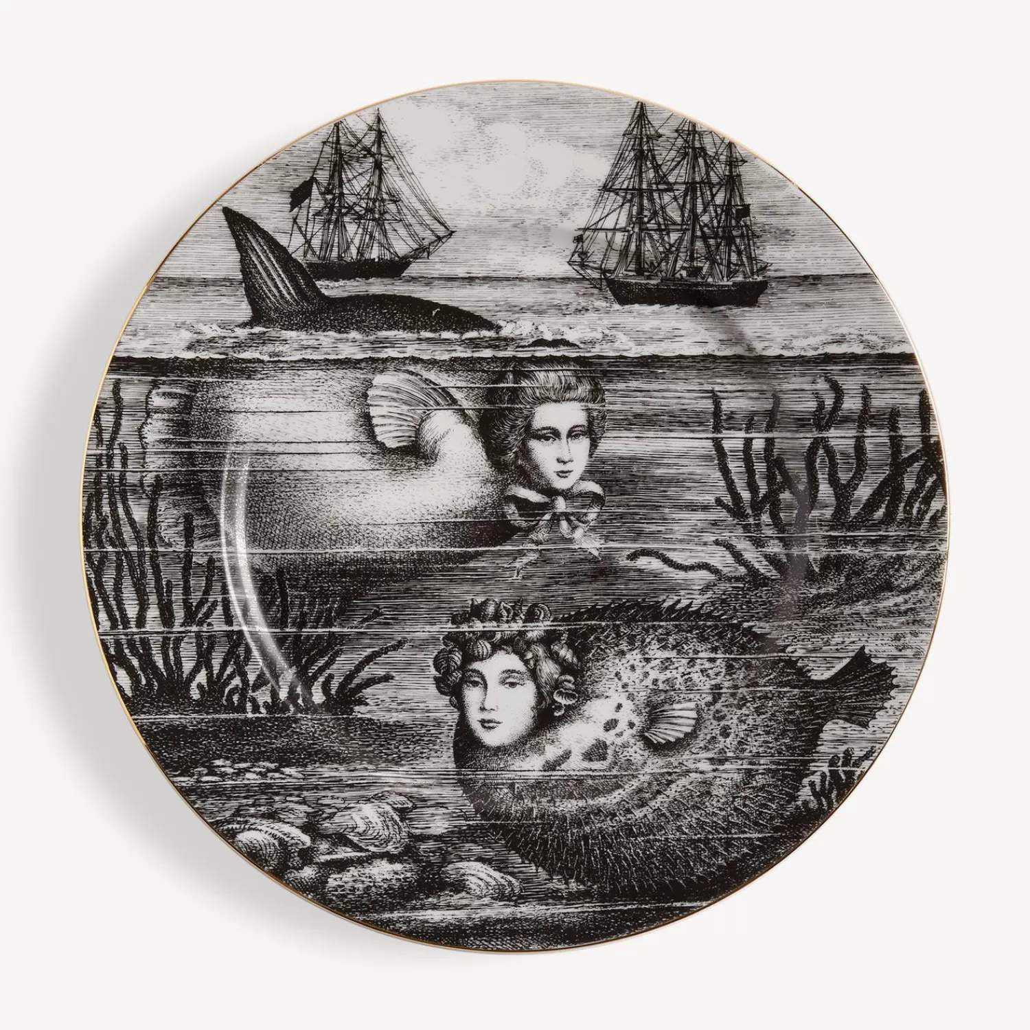 Decorative Plates<Fornasetti Rim Plate Sirene N.5 White/Black/Gold