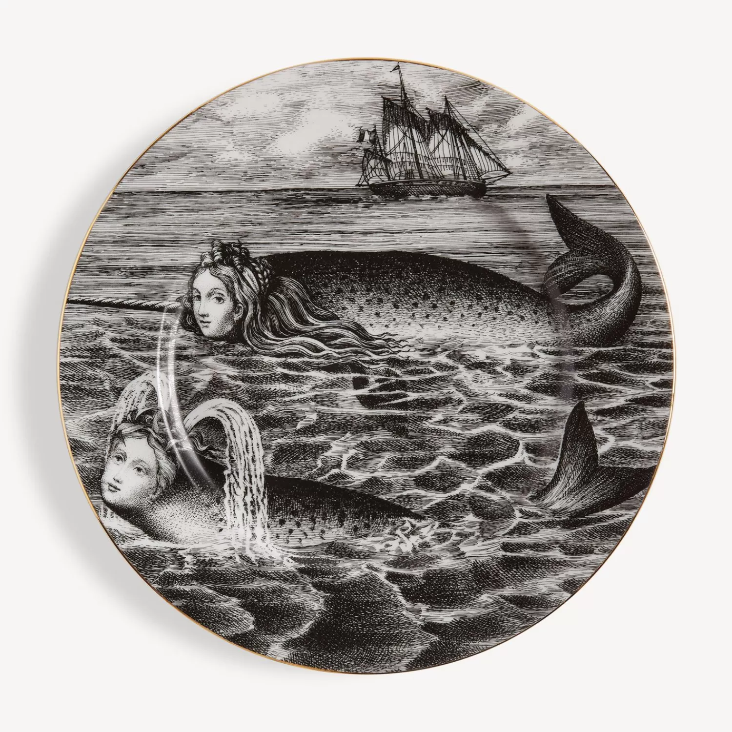 Decorative Plates<Fornasetti Rim Plate Sirene N.6 White/Black/Gold
