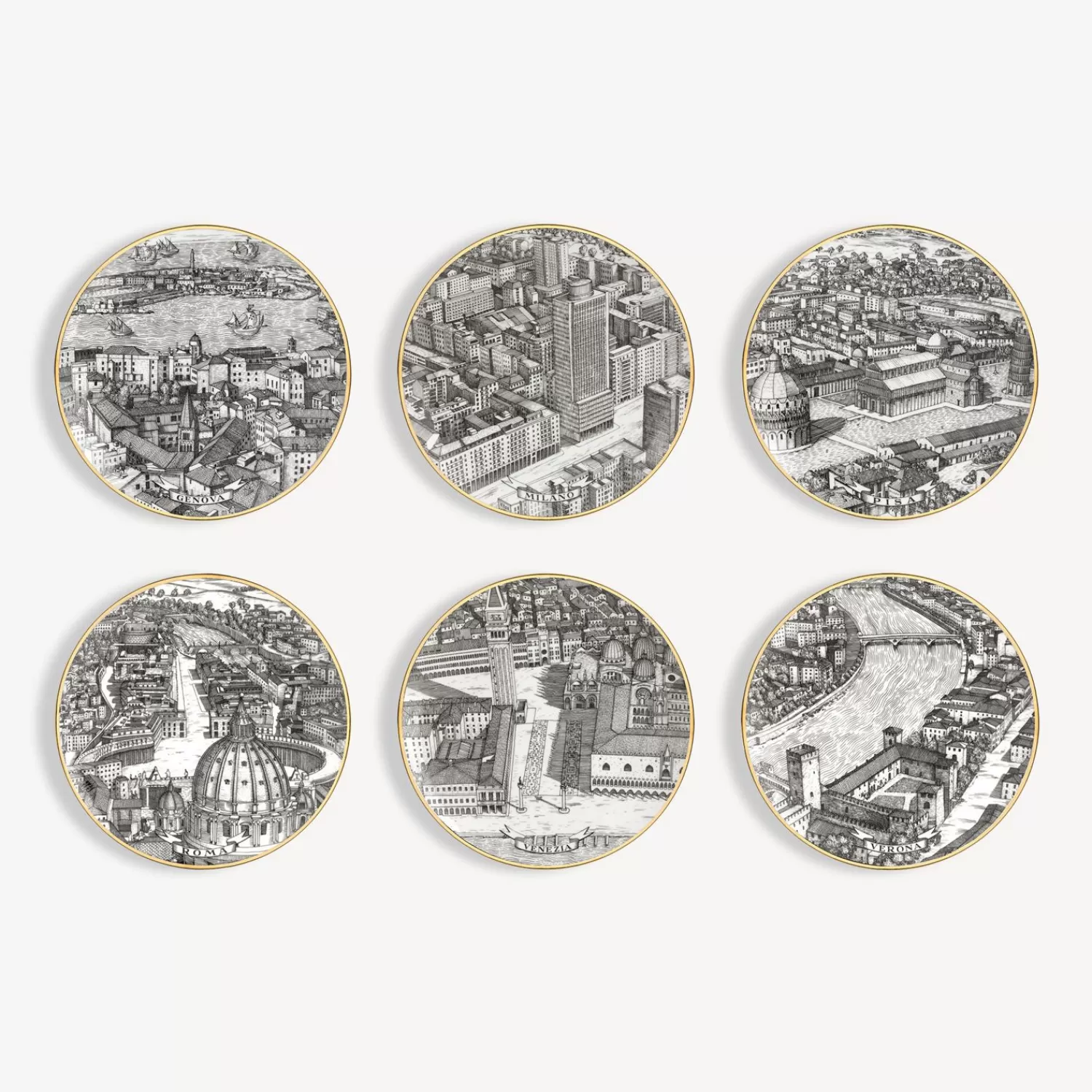 Decorative Plates<Fornasetti Set 6 Plates Citta D'Italia White/Black/Gold