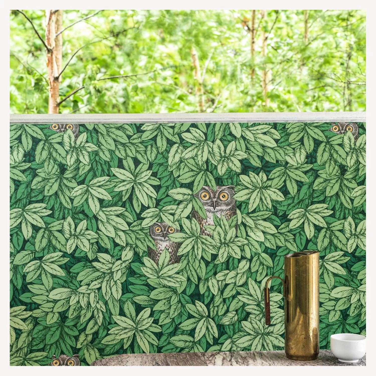 Wallpaper<Fornasetti Wallpaper Foglie E Civette Forest Green