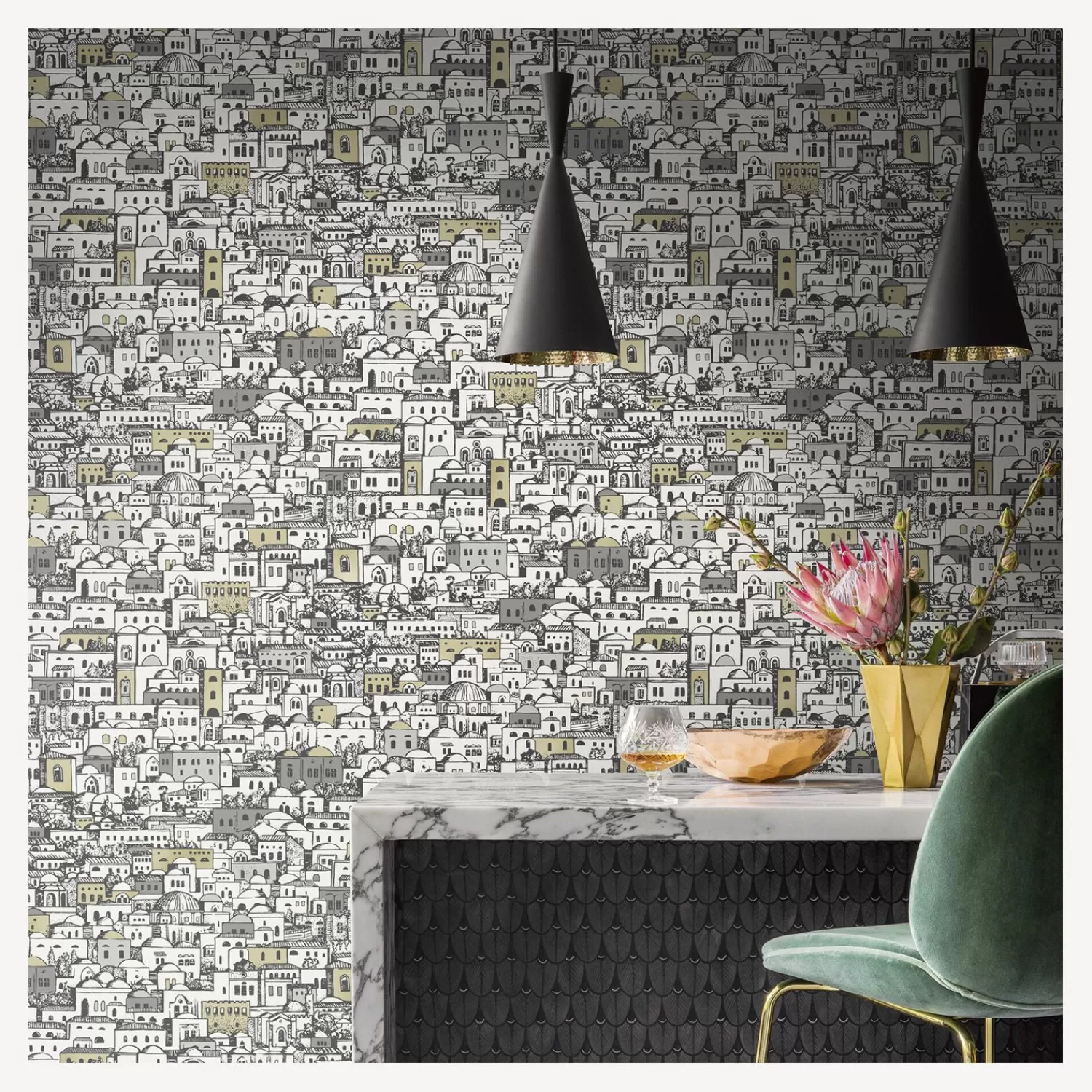 Wallpaper<Fornasetti Wallpaper Mediterranea White And Metallic