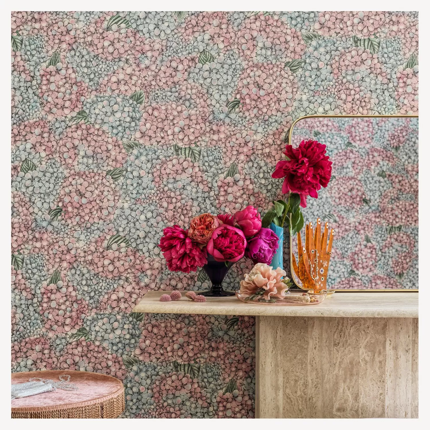 Wallpaper<Fornasetti Wallpaper Ortensia Pink And Blue