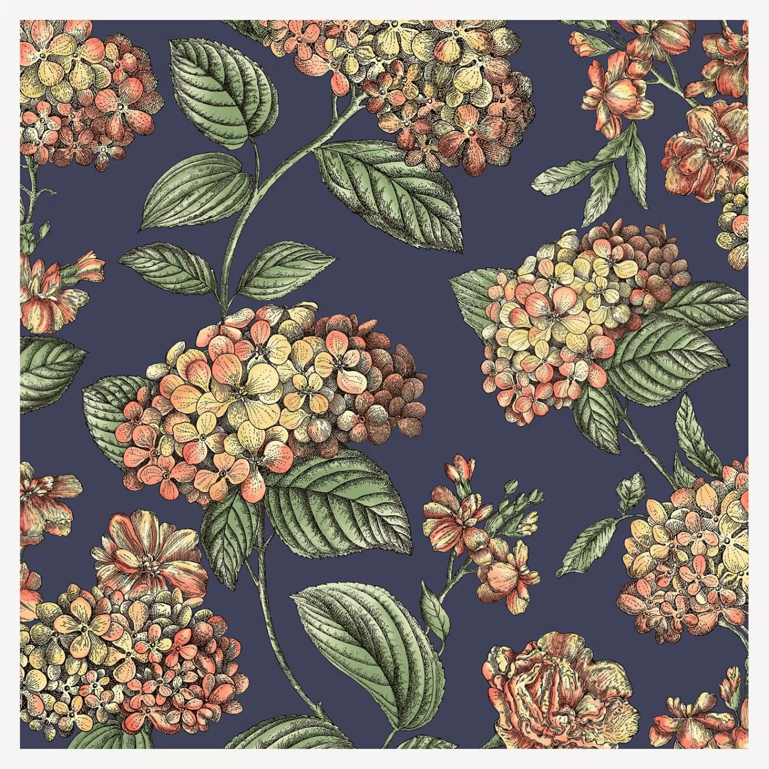 Wallpaper<Fornasetti Wallpaper Ramo Di Ortensia Coral On Dark Blue