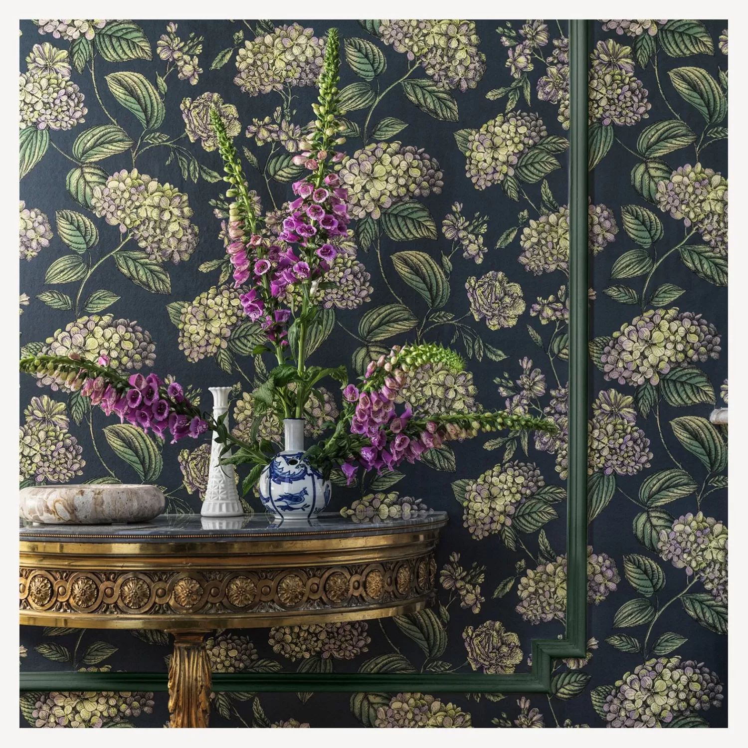 Wallpaper<Fornasetti Wallpaper Ramo Di Ortensia Lime And Purple On Ink